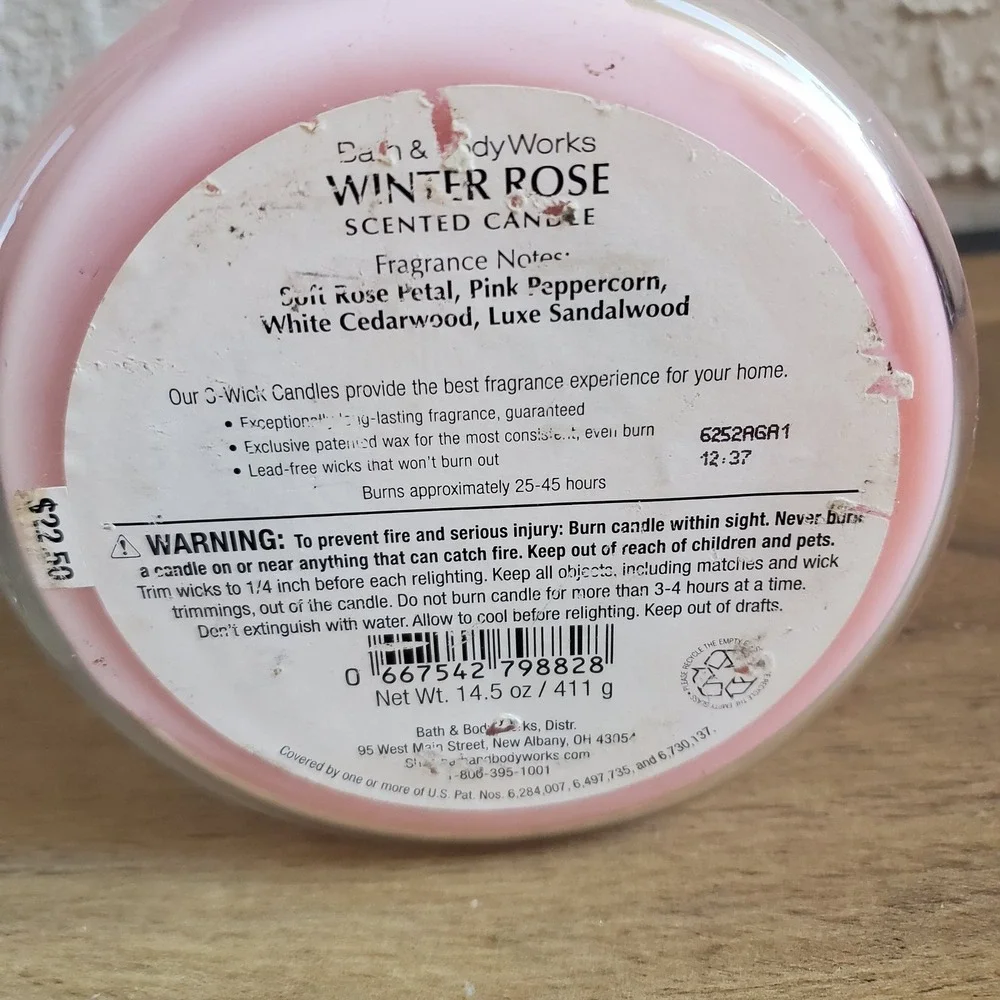 Bath & Body Works Winter Rose Candle 3 Wick Pink Glass Jar 14.5oz Sandalwood New - Picture 5 of 5